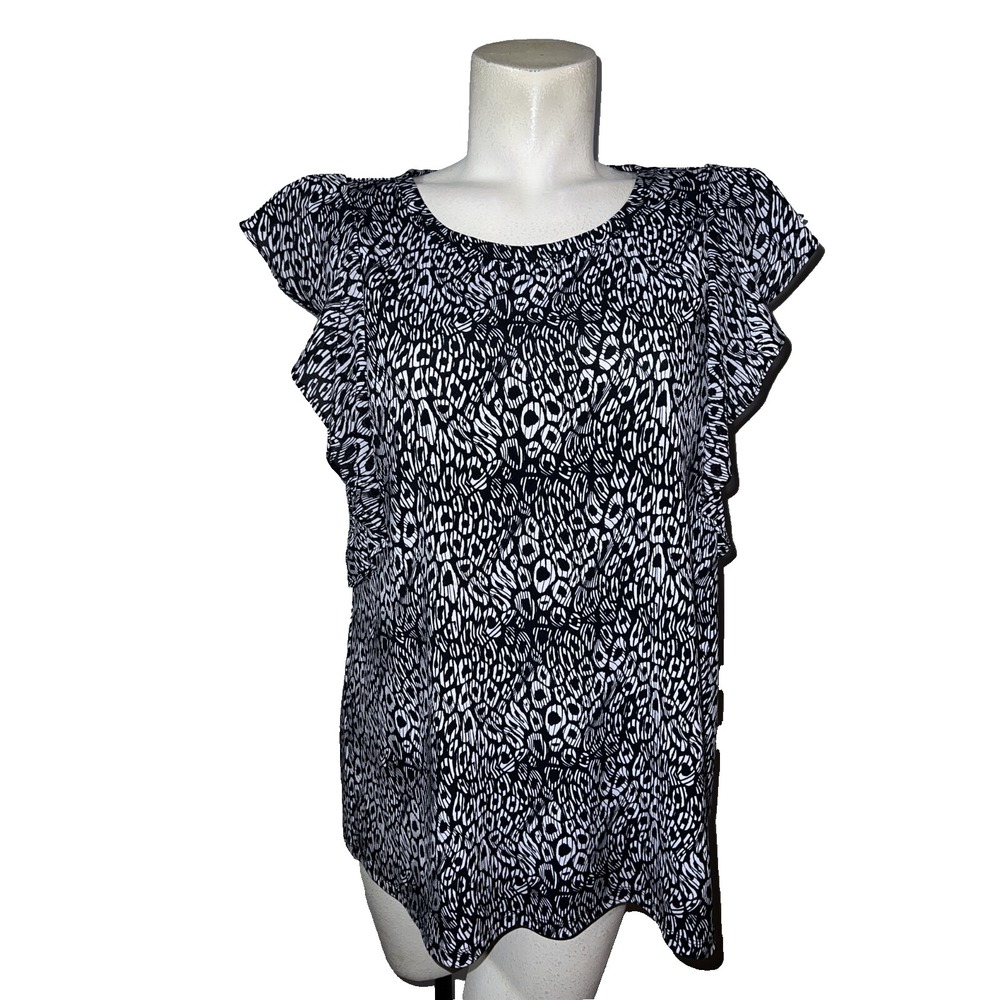 Michael Kors XL Black‎ White Abstract Animal Print Ruffle Flutter Sleeve Blouse